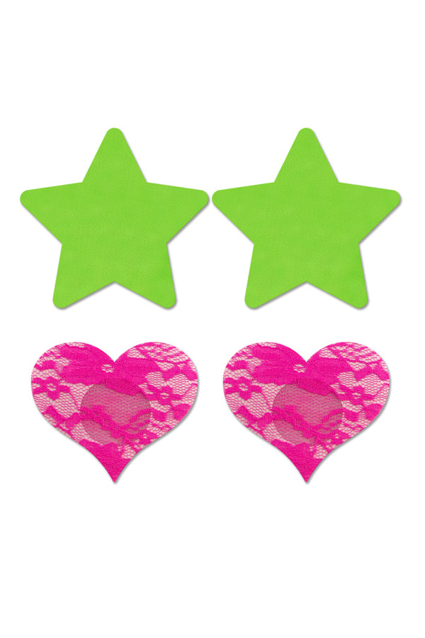 Fashion Pasties Set- Neon Green Solid Star and Neon Pink Lace Heart