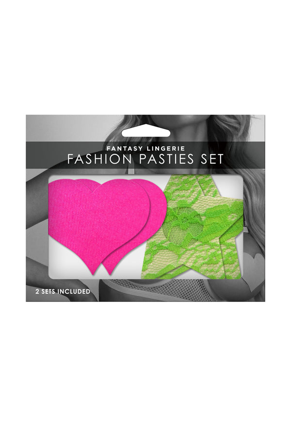 Fashion Pasties Set- Neon Pink Satin Heart and Neon Lace Star