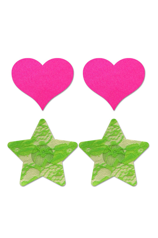 Fashion Pasties Set- Neon Pink Satin Heart and Neon Lace Star